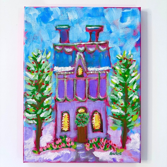 Original Holiday Painting Decorative Christmas House Whimsical Landscape 9"x12" - Picture 7 of 10
